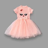 5-6-7 Yaş Payetli Süslü Yüz Baskılı Kız Çocuk Elbisesi Pudra - 2