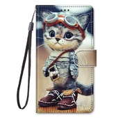Samsung Galaxy A42 5G PU Deri Kılıf - Çizgili Kedi Desenli - Yatay Flip - 2
