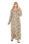 Melsay Butik Krem Yaprak Desen Uzun Kollu Kadın Tesettür Elbise thumbnail 3