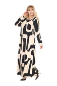 Melsay Butik Bej Picasso Desen Uzun Kollu Kadın Tesettür Elbise - 4