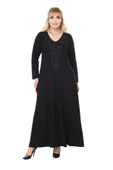 Melsay Butik Siyah Uzun Kollu Güpür Yaka Uzun Elbise - 4