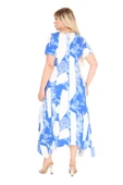 Melsay Butik Mavi Vintage Desen Asimetrik Kısa Kollu Elbise - 6