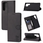 Samsung Galaxy S22 Ultra 5G Deri Telefon Kılıfı - Siyah - Kabartmalı Mutlu Kedi Deseni thumbnail 1