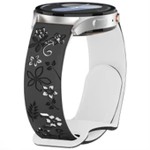 Huawei Watch GT2 GT3 42mm İle Uyumlu FloraFlex Çiçek Desenli Silikon Kordon  Siyah Beyaz thumbnail 2