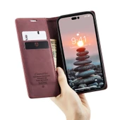iPhone 14 Pro Max Deri Telefon Kılıfı - Şarap Kırmızısı - Çok Fonksiyonlu Retro - 6