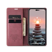 iPhone 14 Pro Max Deri Telefon Kılıfı - Şarap Kırmızısı - Çok Fonksiyonlu Retro - 4