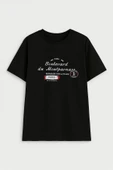 Kadın Bisiklet Yaka Baskılı Siyah T-shirt - 5