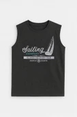 Kadın Bisiklet Yaka Baskılı Antrasit Kolsuz T-shirt - 2