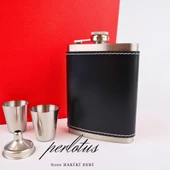 Perlotus 8 Oz 240 cc Rugan Siyah Hakiki Deri Viski Cep Matarası Shot Bardaklı Set Kutulu Babalar Günü Hediye - 6