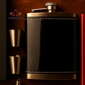 Perlotus 8 Oz 240 cc Rugan Siyah Hakiki Deri Viski Cep Matarası Shot Bardaklı Set Kutulu Babalar Günü Hediye - 4