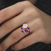 Süpertrend Gümüş Rose Mor Yapraklı Bahar Çiçeği Yüzük - 3