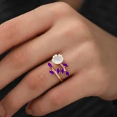 Kruvazör Gümüş Rose Mor Yapraklı Bahar Çiçeği Yüzük - 3