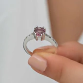Kruvazör Gümüş Pembe Baget Tek Taş Kadın Yüzük - 6