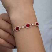 Kruvazör Gümüş Rose Baget Kırmızı Taşlı Kadın Bileklik - 5