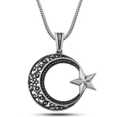 Kruvazör Gümüş Zirkon Taşlı Desenli Ay Yıldız Erkek Kolye - 1