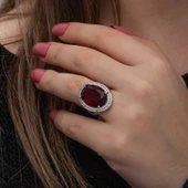 Kruvazör Gümüş Kırmızı Oval Taşlı Kadın Yüzük - 2