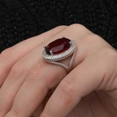 Kruvazör Gümüş Kırmızı Oval Taşlı Kadın Yüzük - 6