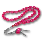 Gümüş Püsküllü Pembe Ateş Kehribar Tesbih - 1