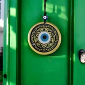 Lale desenli Altın Rengi Nazar Boncuklu Füzyon Cam Duvar Dekoru thumbnail 3