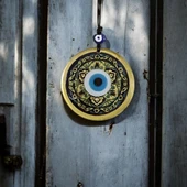 Lale desenli Altın Rengi Nazar Boncuklu Füzyon Cam Duvar Dekoru thumbnail 2