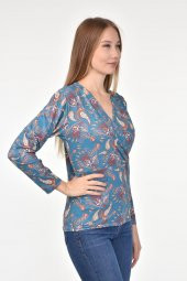 DRR Moda Mikro Kumaş V-Yaka Desenli Bluz - 1