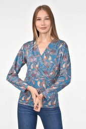 DRR Moda Mikro Kumaş V-Yaka Desenli Bluz - 6