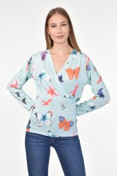 DRR Moda Mikro Kumaş V-Yaka Kelebek Desenli Bluz - 4