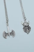 2'li Çift Taraflı Balta Viking Savaşçı Gümüş Kaplama Kolye Seti thumbnail 1