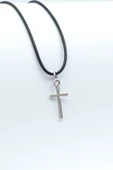 Minimal Haç Gümüş Kaplama Deri İp Kolye thumbnail 1