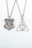 2'li Harry Potter Ölüm Yadigarları Üçgen - Hogwarts Gümüş Kaplama Kolye Seti - 1