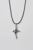 Yılan Sarılı Haç Kolye - PU Deri İp Zincirli Unisex Gümüş Kaplama - 60 cm thumbnail 1