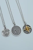 3'lü Şaman Davulu - Kam Davulu Viking Pusula Tılsım Gümüş Kaplama Kolye Seti thumbnail 1