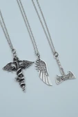 3'lü Kılıç Yarasa Yılan Büyük Kanat Viking Balta Gümüş Kaplama Kolye Seti thumbnail 1