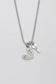 Kalp ve Anahtar 'Love' Yazılı Kolye - Örme İthal Zincirli Unisex Gümüş Kaplama - 60 cm thumbnail 1