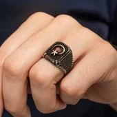 Gümüş Kırmızı Taşlı Ay Yıldız Erkek Yüzük thumbnail 5