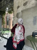 Pamuklu Rose Desen Şal-Kırmızı/Vizon - 1
