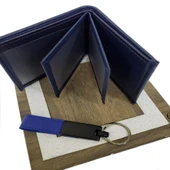 Deri Mavi Anahtarlık Cüzdan Set Dekoratif Hediyelik thumbnail 2