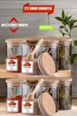 12 Adet Cam Vakumlu Bambu Kapaklı Borosilikat Baharatlık, Saklama Kabı, Çerezlik (200 ml) - 1