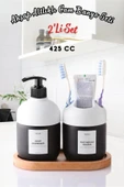 Lüks Ahşap Altlıklı Cam 2'Li Set Cool Sabun ve Diş Fırçalık - Banyo Seti BEYAZ - 1