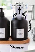Lüks Ahşap Altlıklı Cam 2'Li Set Cool Sabun ve Diş Fırçalık - Banyo Seti SİYAH - 3