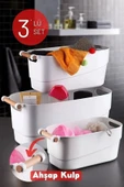 3'lü Set Ahşap Kulplu Çok Amaçlı Düzenleyici Retro Sepet Beyaz - 1
