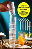 6'lı Origami Cam Model Borosilikat Kokteyl Meşrubat Bardak Seti 300 ml - 6 Adet Cam Pipet Hediyeli - 1