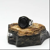 Kordon Desenli Opsidyen Taşlı Gümüş Model Erkek Yüzük thumbnail 3