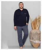 Pijamoni Erkek Battal Düğme Yaka Penye Uzun Kol  Pijama Takımı 6720/10 - 1 Adet  Siyah 3XL - 1
