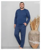 Pijamoni Erkek Battal Düğme Yaka Penye Uzun Kol  Pijama Takımı 6720/9 - 1 Adet  Mavi 5XL - 1