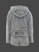 Kadın Uzun Kollu Meow Kedi Nakışlı Kapşonlu Peluş Sweat Ve Short Ikili Takım - 3