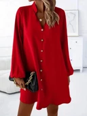 Kadın Uzun Kollu V Yakalı önden Düğmeli Kısa Sandy Elbise thumbnail 4