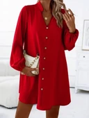 Kadın Uzun Kollu V Yakalı önden Düğmeli Kısa Sandy Elbise thumbnail 3