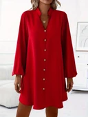 Kadın Uzun Kollu V Yakalı önden Düğmeli Kısa Sandy Elbise thumbnail 5