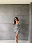 Kadın Uzun Kollu Kruvaze Yaka Kazayağı Mikro Mini Boy Elbise - 2